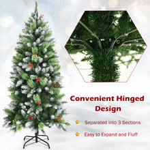 Load image into Gallery viewer, Snow Sprayed Christmas Tree 5ft Unlit Xmas Pencil Tree w/ Two Types of Tips &amp; Red Berry Clusters Hinged Artificial Tree for Holiday Festival Decoration Includes Metal Stand
