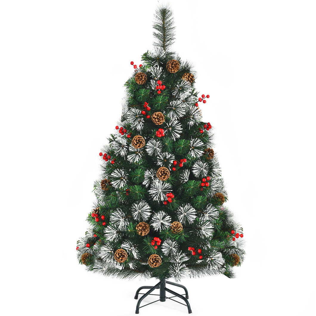 4FT Decorative Xmas Tree W/ Pine Cones & Red Berry Clusters 160 PVC Tips & Pine Needles Snowy Design Metal Stand Unlit Festival Celebrating Decoration