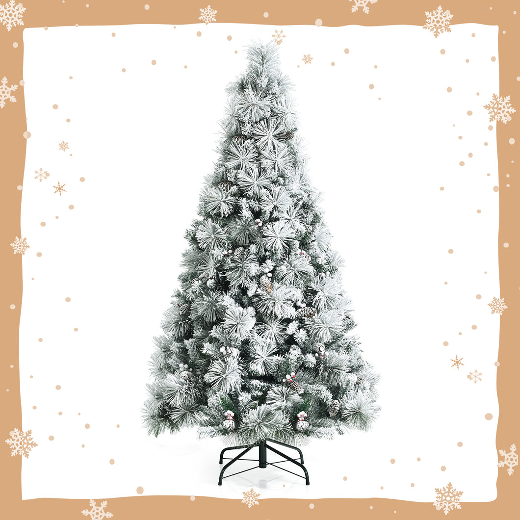 6ft Snow Flocked Christmas Tree Hinged Xmas Pine Tree W/ Pine Needles Red Berry
