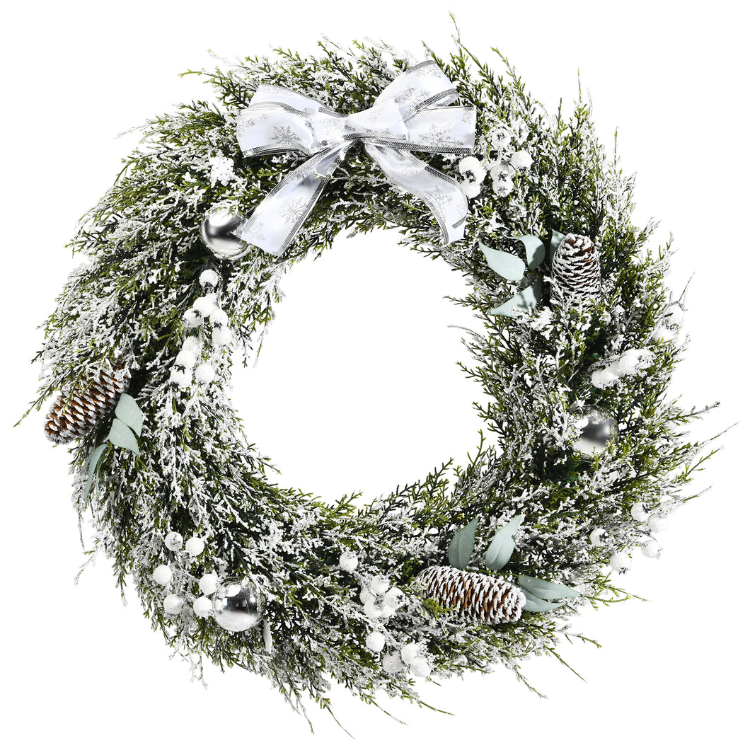 Christmas Wreath 60cm Snow Flocked Xmas Decorated Garland with Silver Bowknot Pine Cone and White Berries