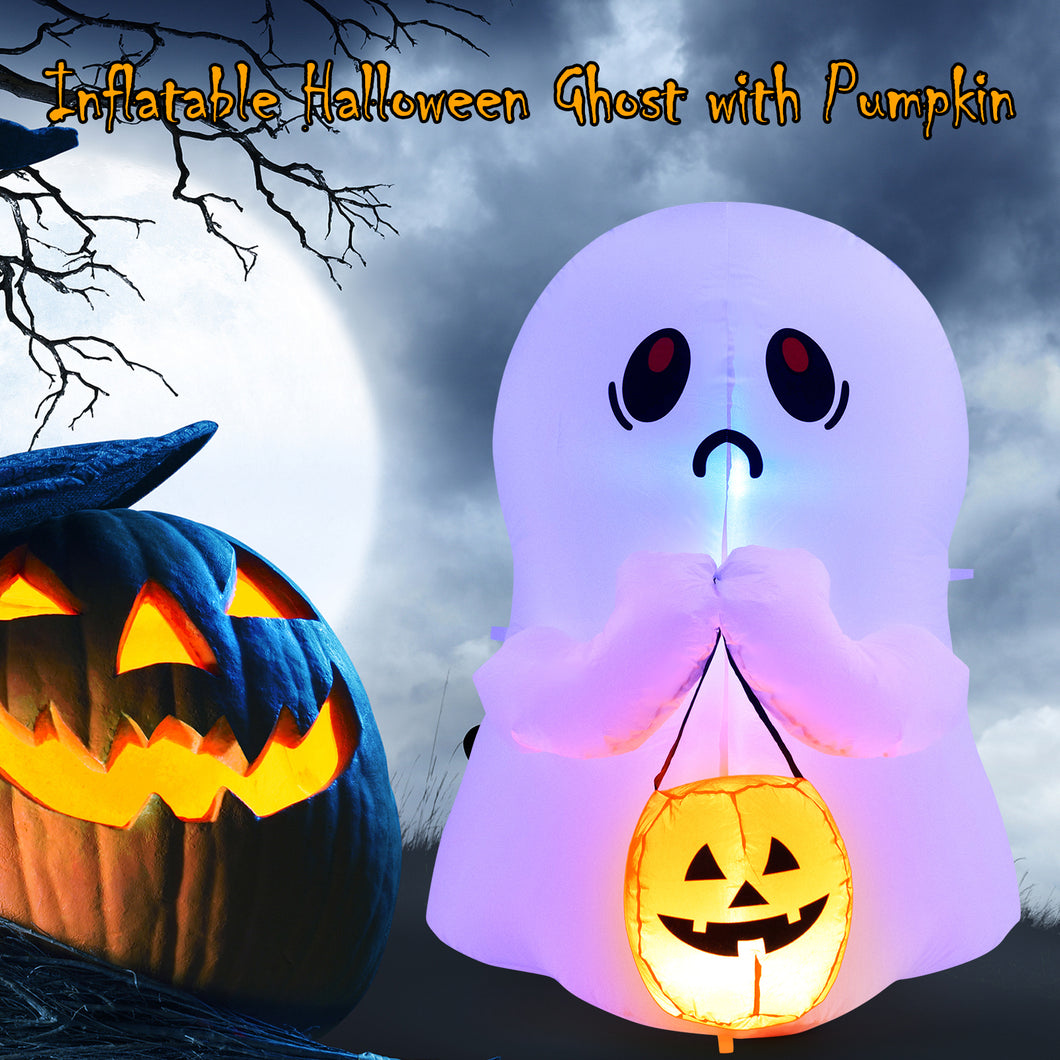 4 FT Halloween Inflatable Colorful Dimming Ghost Holding Pumpkin Blow-up Ghost