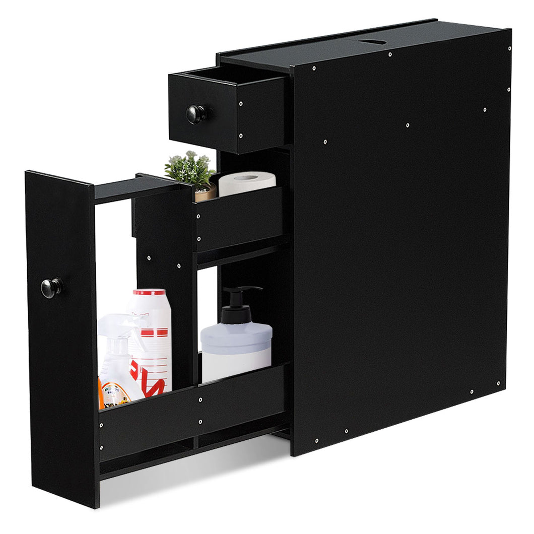 Bathroom Floor Cabinet Wooden Slim Storage Cupboard with Slide Out Drawers Black