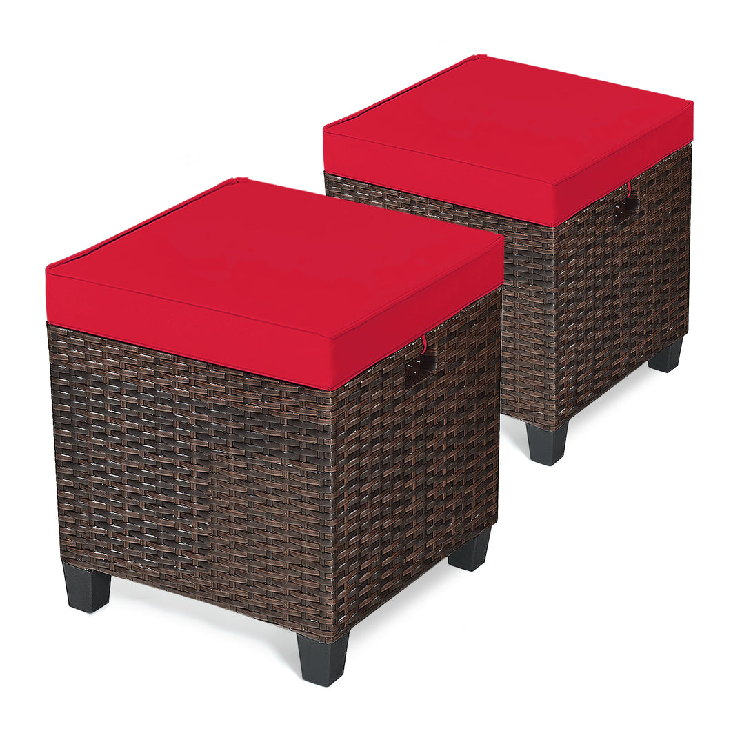 2 Pieces Outdoor Patio Ottoman All Weather Rattan Wicker Footstool w/Cushions