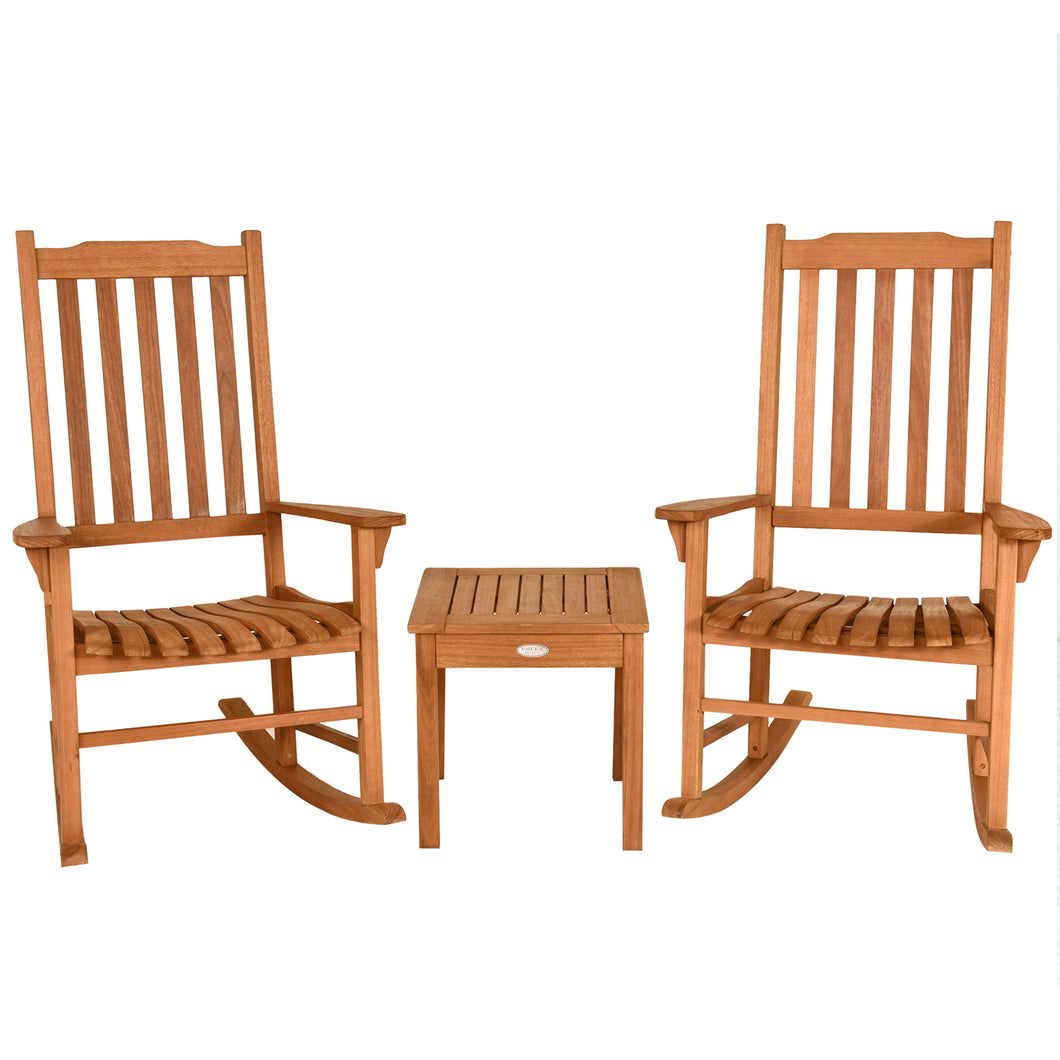 3 Piece Eucalyptus Rocking Chair Set Two Wood Conversation Chairs with Coffee Table
