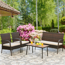 Load image into Gallery viewer, 4-piece Patio Rattan Furniture Set Outdoor Conversation Set w/ Cushions &amp; Acacia Wood Coffee Tabletop
