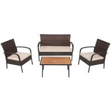 Load image into Gallery viewer, 4-piece Patio Rattan Furniture Set Outdoor Conversation Set w/ Cushions &amp; Acacia Wood Coffee Tabletop
