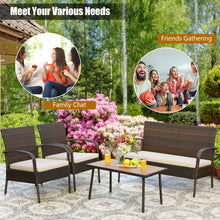 Load image into Gallery viewer, 4-piece Patio Rattan Furniture Set Outdoor Conversation Set w/ Cushions &amp; Acacia Wood Coffee Tabletop
