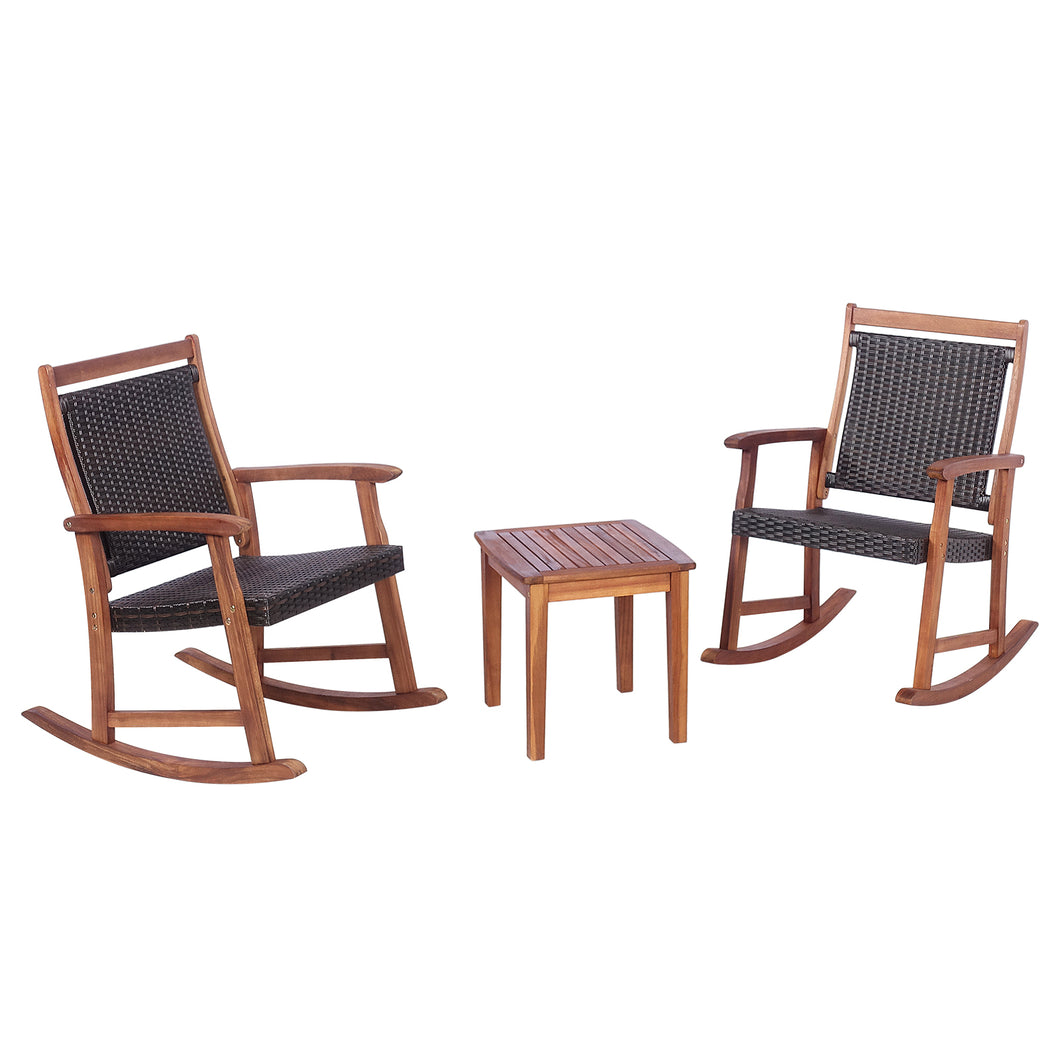 3 Pieces Patio Rocking Chair Set Acacia Wood Rocker with Side Table Outdoor Rocking Chairs with Wicker Rattan Seat & Backrest